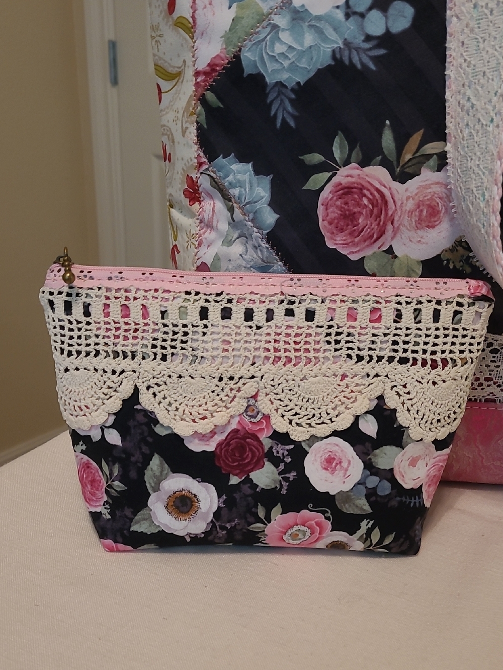 Handcrafted Artisan Made Quilted Shabby Chic Victorian Lace Tote And Small Bag - Picture 10 of 10